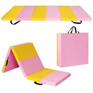 Costway Pink&Yellow Tri-Fold Gymnastics Mat 6x2 Folding Fitness Exercise Carry Handles