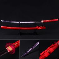 JZ Swords Katana Sword, Fully Handmade Real Japanese Sword 1040 High Carbon Steel Samurai Sword with Wooden Scabbard Alloy Guard (Red)
