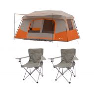 OZARK TRAIL 11-Person Instant Cabin with Private Room, Orange Bundle Quad Folding Camp Chair 2-Pack